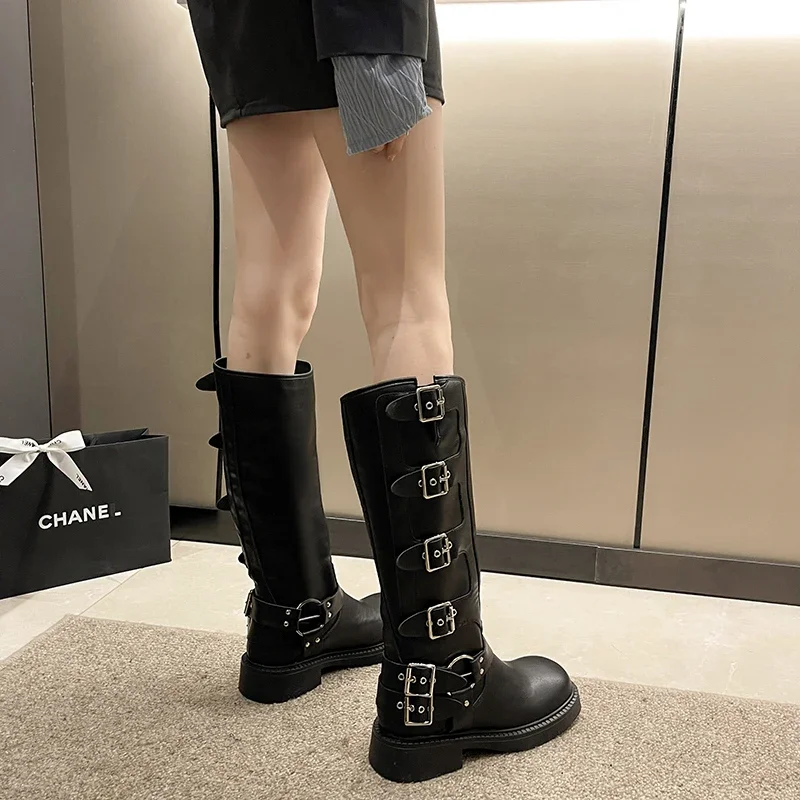 New High Quality Wasteland Style Vintage T Barrel Western Boots for Women Black Belt Straps Boot Shoes Brown Platform Shoes