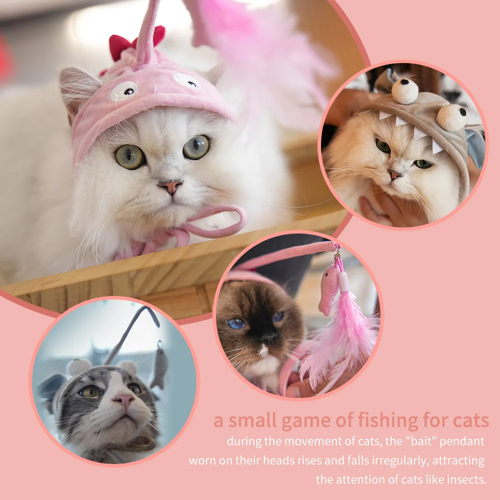 

MOONBIFFY Cat Toys Interactive Kitten Fishing Headdres Hat Feathers Bait Fishing Head Covers Tease Cat Accessories Pet Supplies