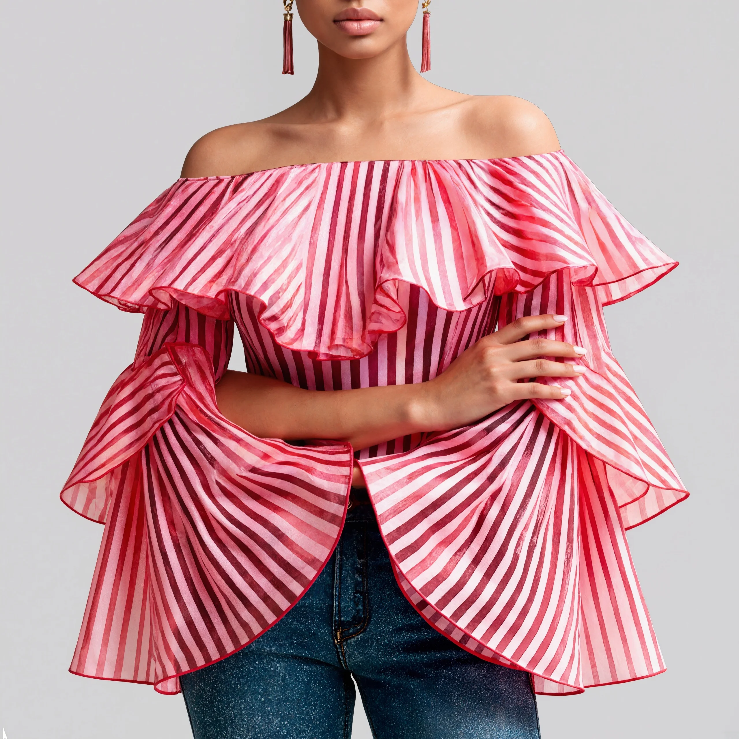 

Women Blouses Casual Striped Off Shoulder Ruffled Flare Sleeve Blouse Lady 2025 New Spring Fall Simple High Street Female Tops
