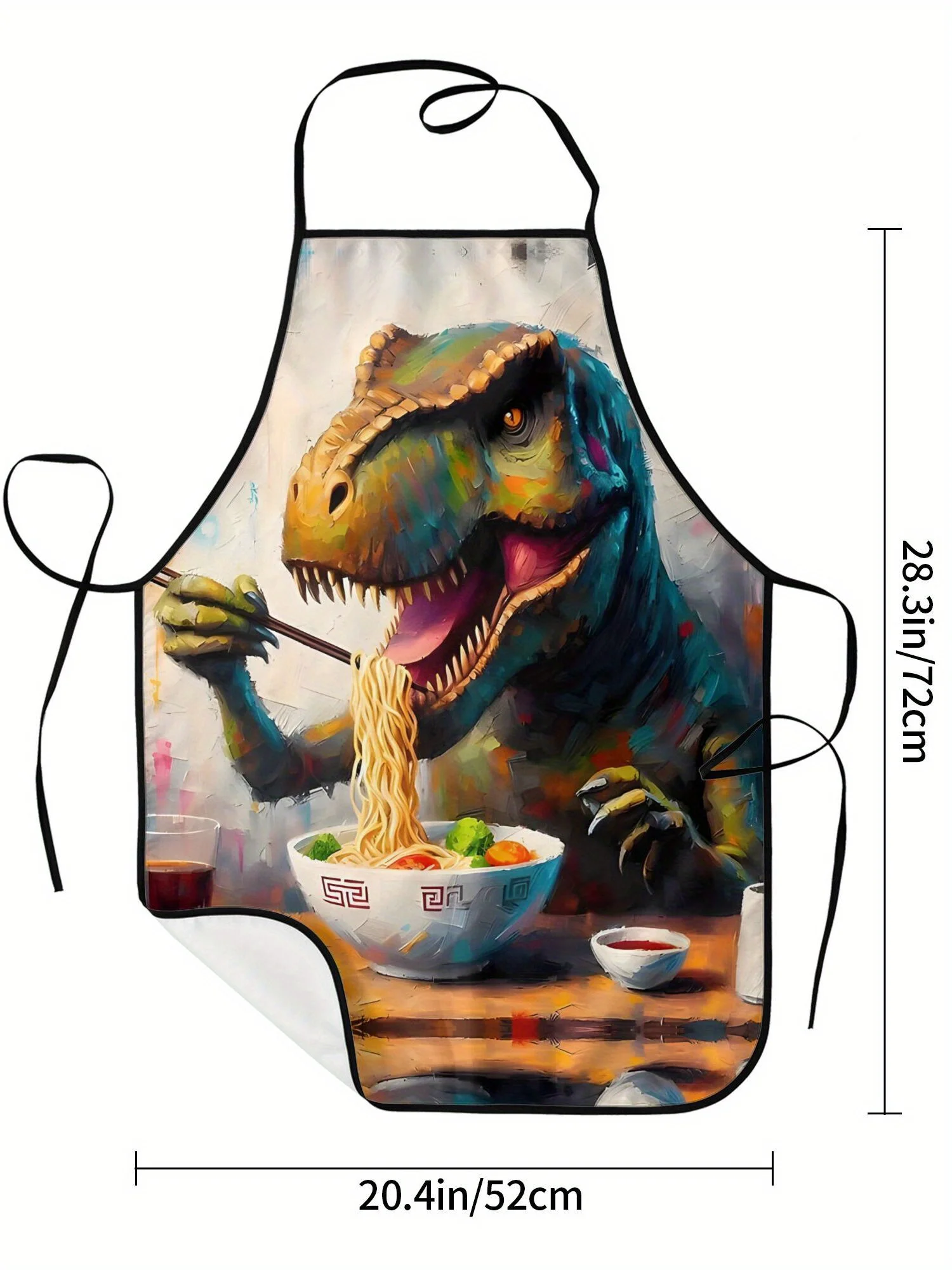T-Rex Ramen Apron - Retro Dinosaur Eating Noodles Print Adult Kitchen Apron with Pocket, Full Coverage Chef Waiter BBQ