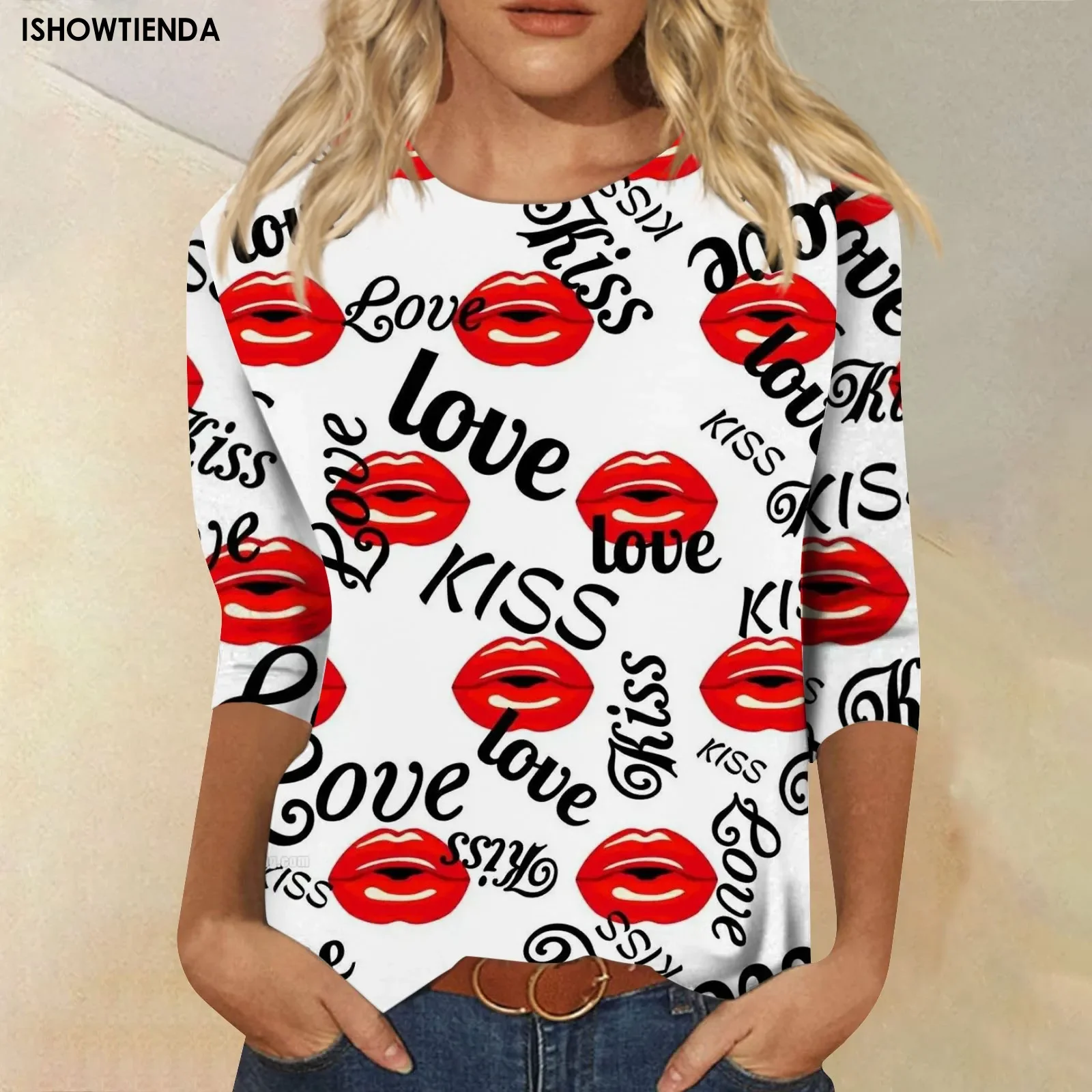 T-Shirt stampata di nuova moda alla moda san valentino manica 3/4 donna Casual autunno inverno Pullover allentato maglietta femminile da donna a