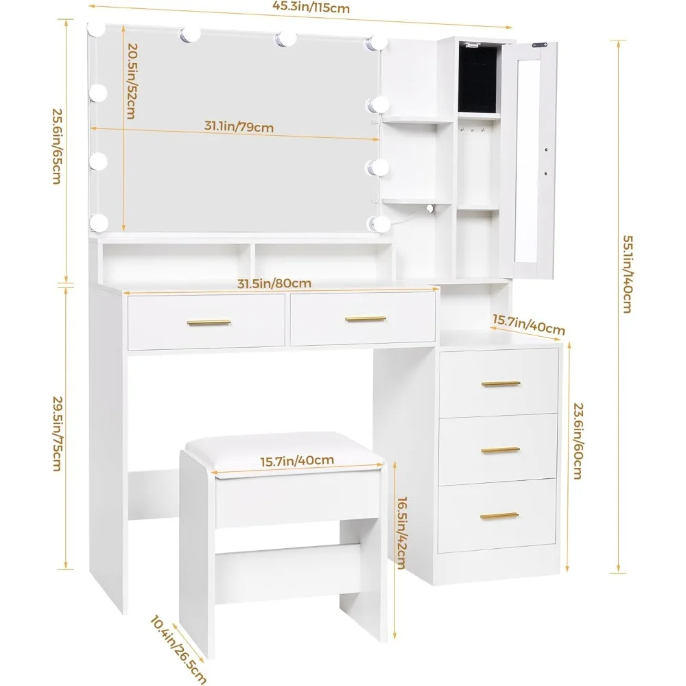 

45.3" Large Vanity Desk with Mirror & Lights – Makeup Table with Charging Station, 3 Lighting Modes & Nightstand Function
