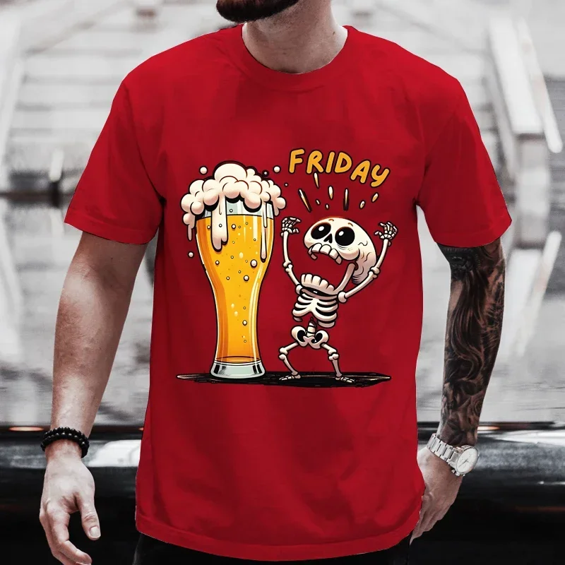 Women Men's T Shirt Short Sleeve Tops Skeleton Enjoying FRIDAY Tees Men T-Shirt Black Tees Finally  for Beer Lovers Male Clothes