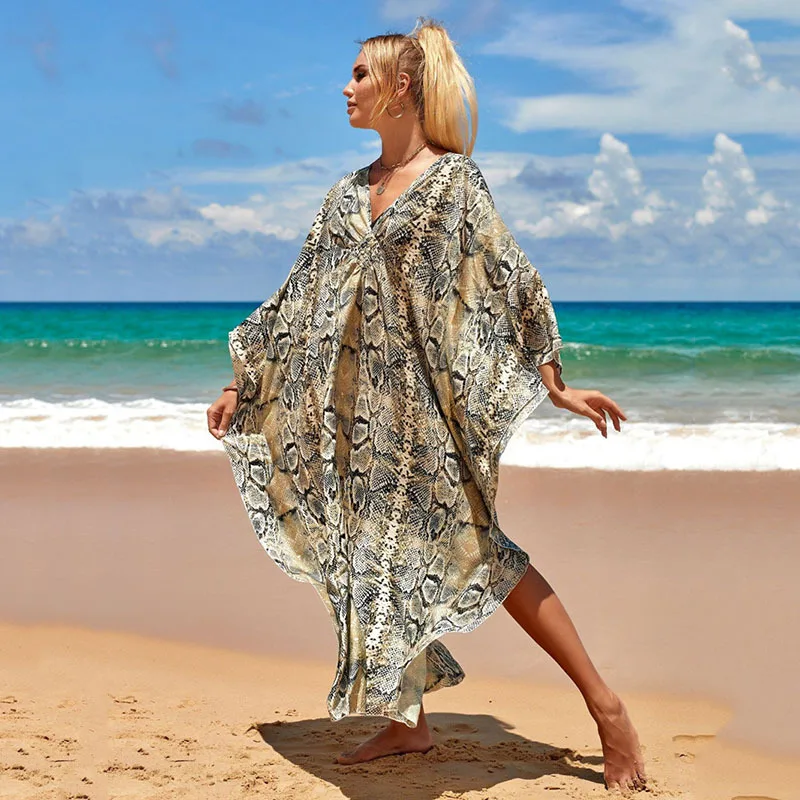 Loose Kaftan Leopard Summer Beach Dress V Neck Long Tunic Women Beach Wear Swim Suit Cover Up Robe De Plage