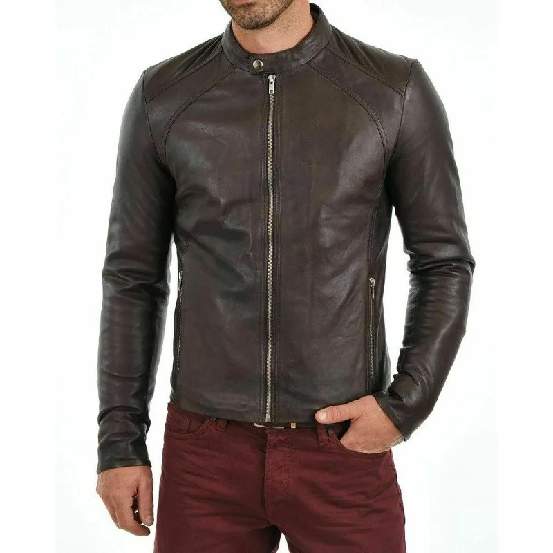 

Brown Leather Jacket Slim Fit Biker Motorcycle Genuine Lambskin Leather Men Coat