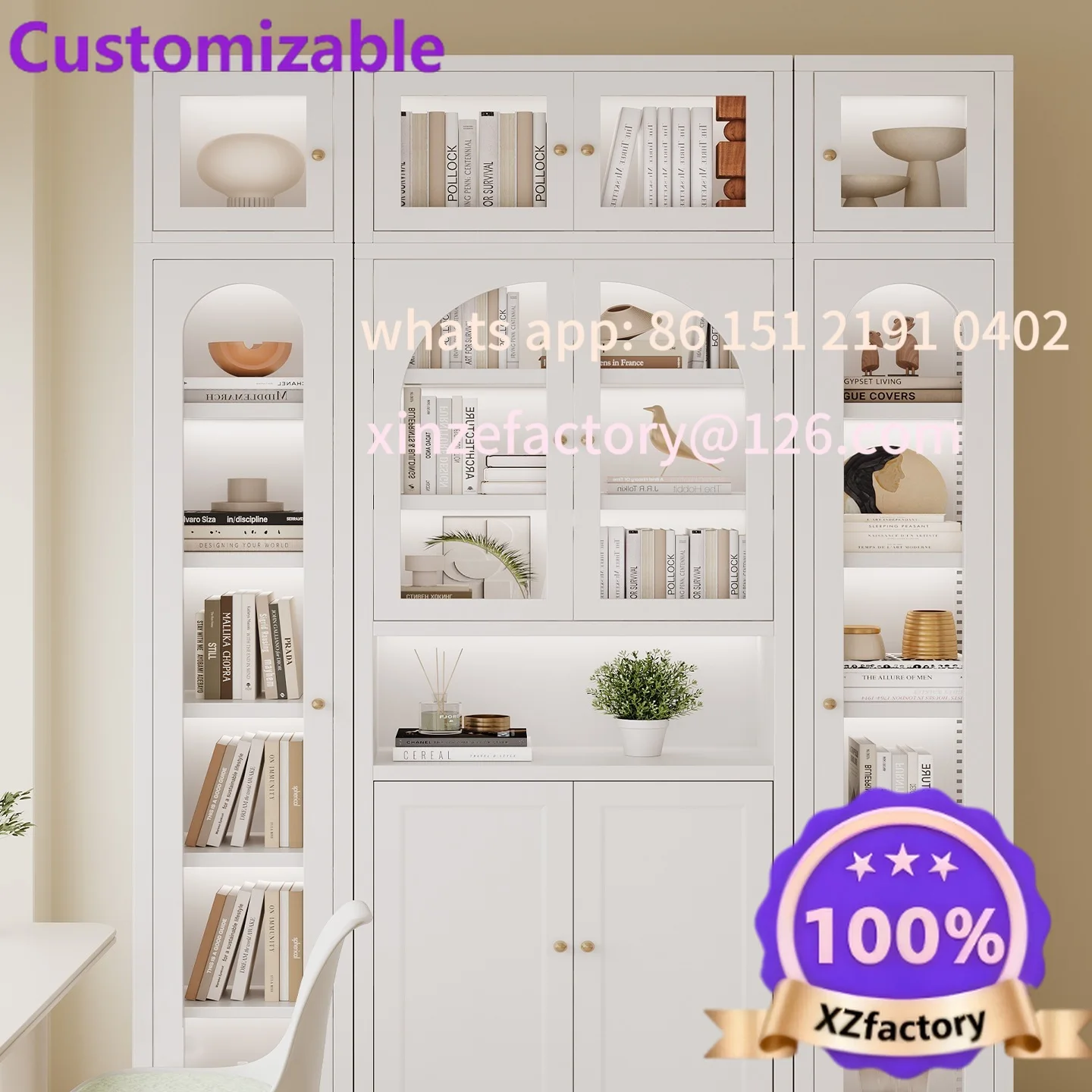 Customizable Steel Bookcase with Glass Door Dustproof Bookshelf Iron Display Document Storage Formaldehyde-Free Bookcase