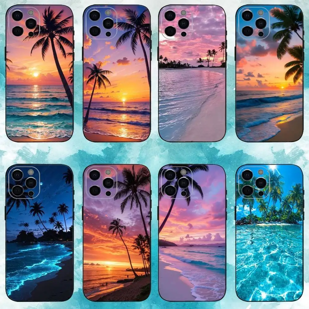 

Sea Tropical Palm Trees Beach Phone Case For iPhone 17, 16,15,14,13,12,11 X XR Plus,Pro Max, Others Soft Black Cover