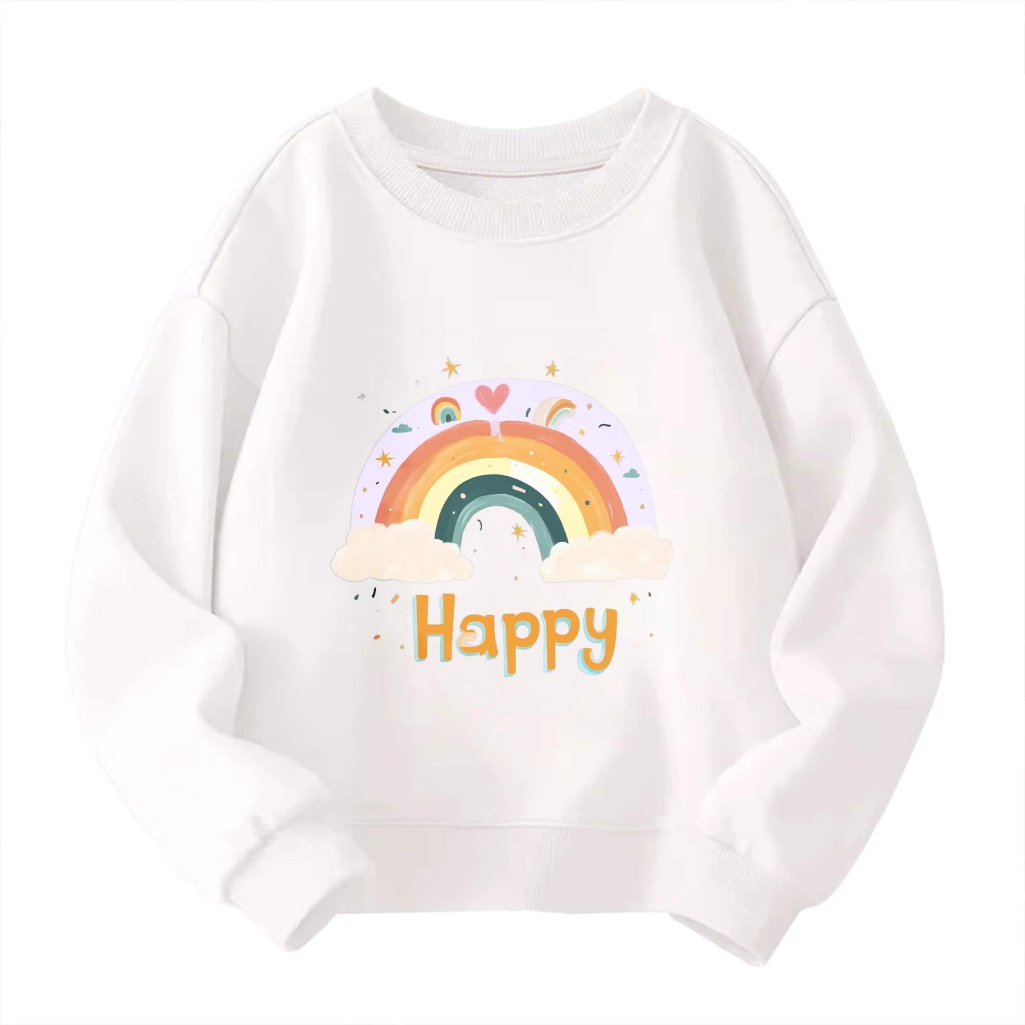 

​Kids Children's Cotton Sweatshirt Rainbow with Clouds and Stars Happy Text for Boys Girls Positive Mood Sweet Style​