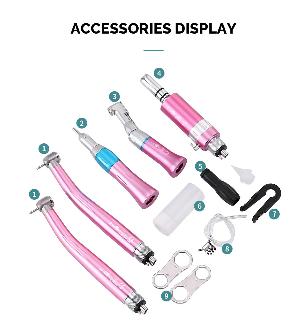 JOY DENTAL Dental Color Handstück-Set mit hoher und niedriger Geschwindigkeit, Druckknopf, Winkelstück, Einweg-Wasserspray, Luftturbine, 2/4 Löcher – Detail 8