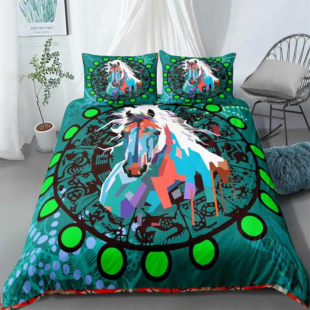 

Horse Duvet Cover Set King Size Horse Cowboy Animal Bedding Set For Kid Boys Girls Microfiber Abstract Dream Catcher Quilt Cover