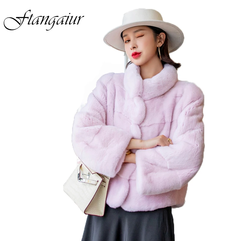 

Ftangaiur Winter Import Purple Standard Velvet Mink Coat Women Mandarin Collar Short Nine Quarter Natural Real Mink Fur Coats