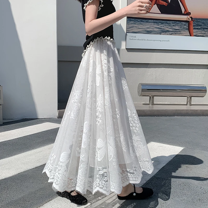 

Lace Midi for Women Spring New French Style Hollow Embroidery Butterfly Tulle Large Hem Ruffle Long Skirt