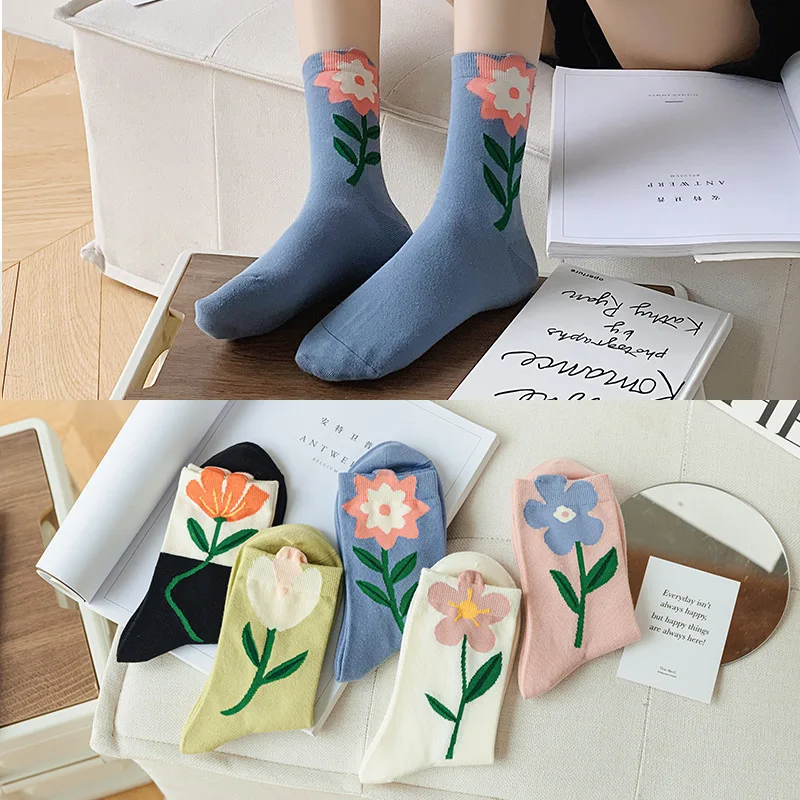 

Qisin Women Socks Japanese Korean Style Cartoon Flower Candy Color Harajuku Kawaii Mid Tube Socks Breathable Casual Short Socks