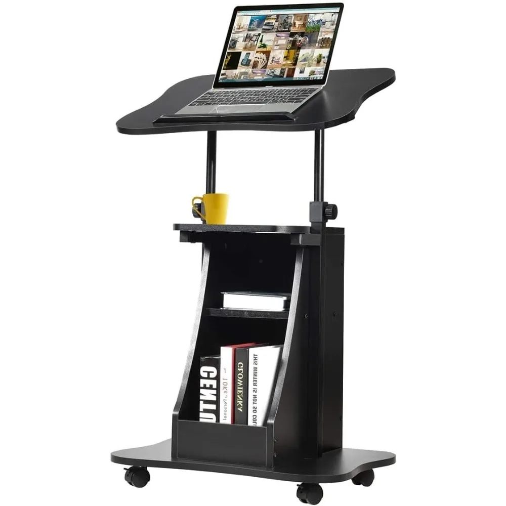 

Mobile Laptop Desk, Height Adjustable Podium Stand w/ 4 Wheels & Tiltable Desktop, Rolling Lectern Cart Laptop Desk