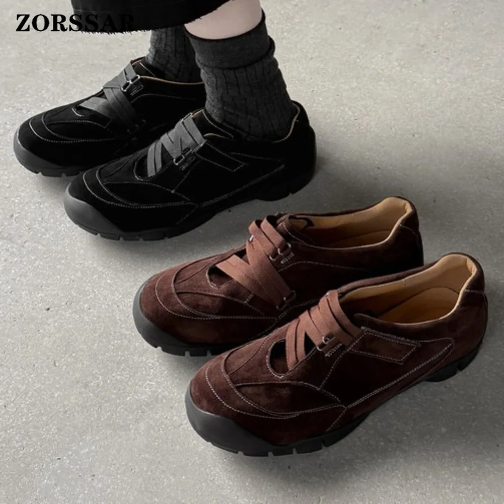 Women's Brown Genuine Leather Retro Sneakers Lace Up Stripe Detail Non-Slip Soft Sole Comfortable Breathable Daily Walking Shoes