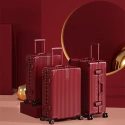 New deep red wedding suitcase, sturdy, simple, and convenient, with universal wheels and bridal luggage trolley