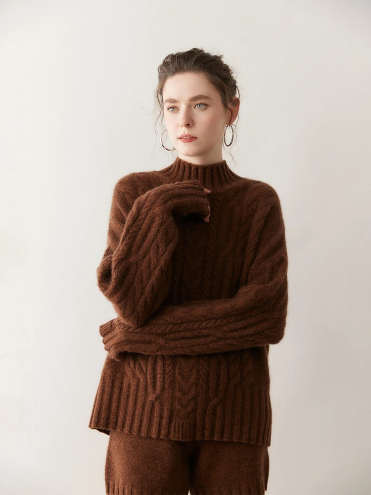 

100% Cashmere Women Sweater Fashionable Pullover Mock Neck Solid Color Knit Thick Warm Soft Top Autumn Winter Casual Clothing