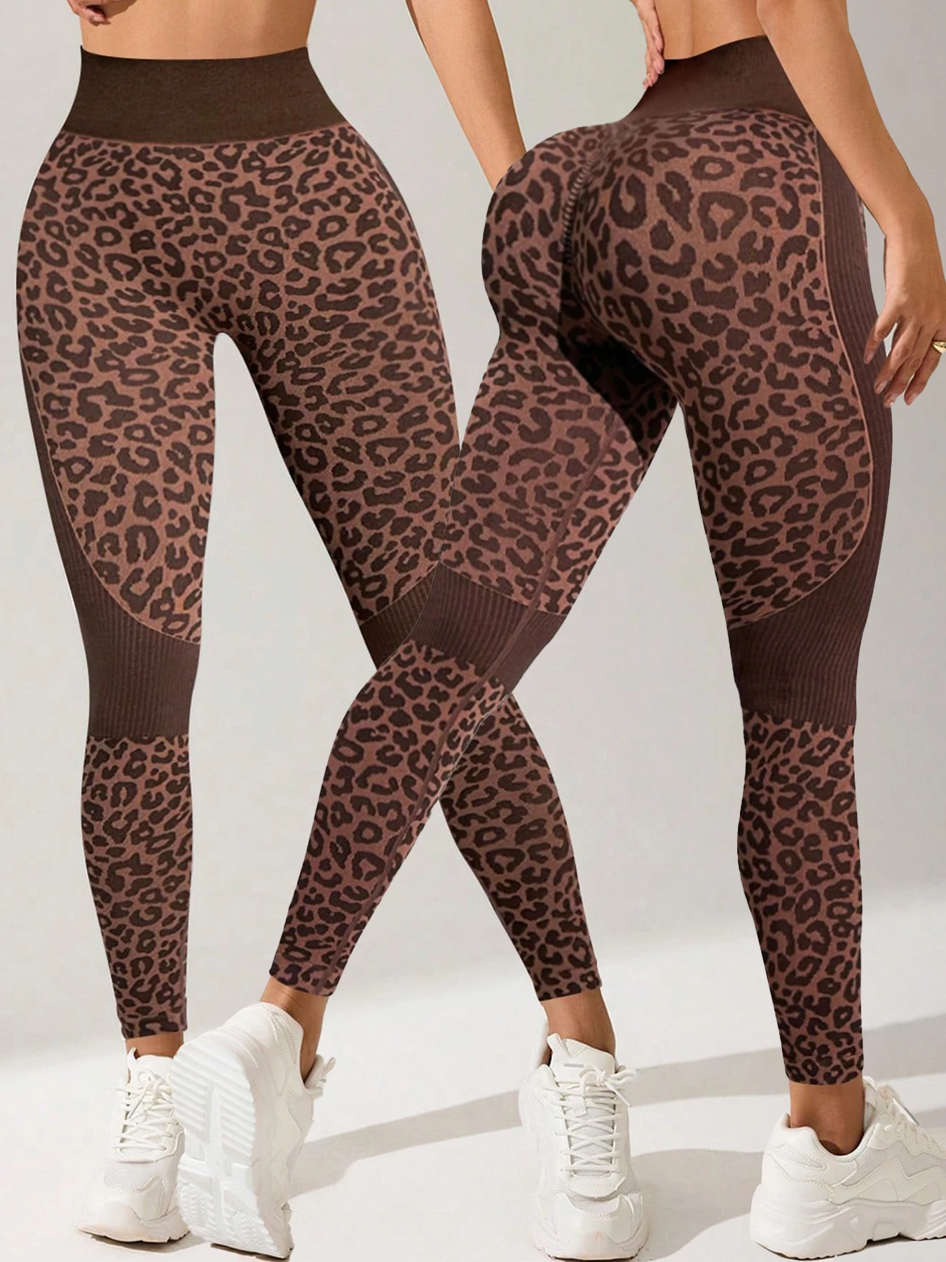 Women Leopard Print High Waist Leggings Seamless Tummy Control Workout Pants Push Up Yoga Sports Trousers
