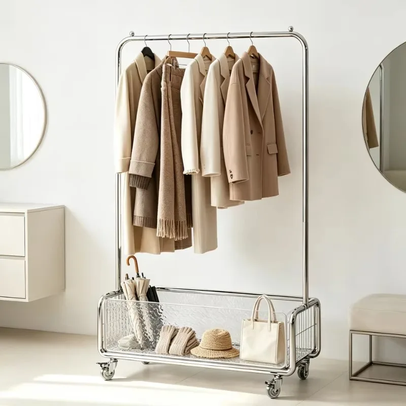 Multifunctional Storage Trolley With Clothes Hanger Top Mesh Basket Durable Metal Stand Anti Rust Tubes For Dress Management