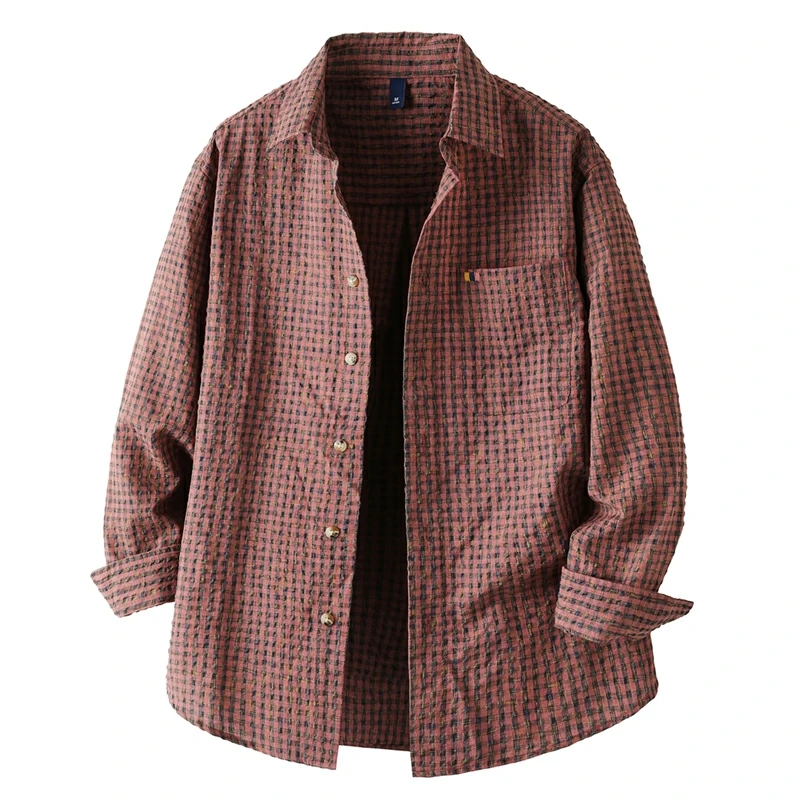 

Seersucker Plaid Shirts Men's Fashion Vintage Loose Casual Long Sleeve Shirt Man Streetwear Oversize Shirts Blouses