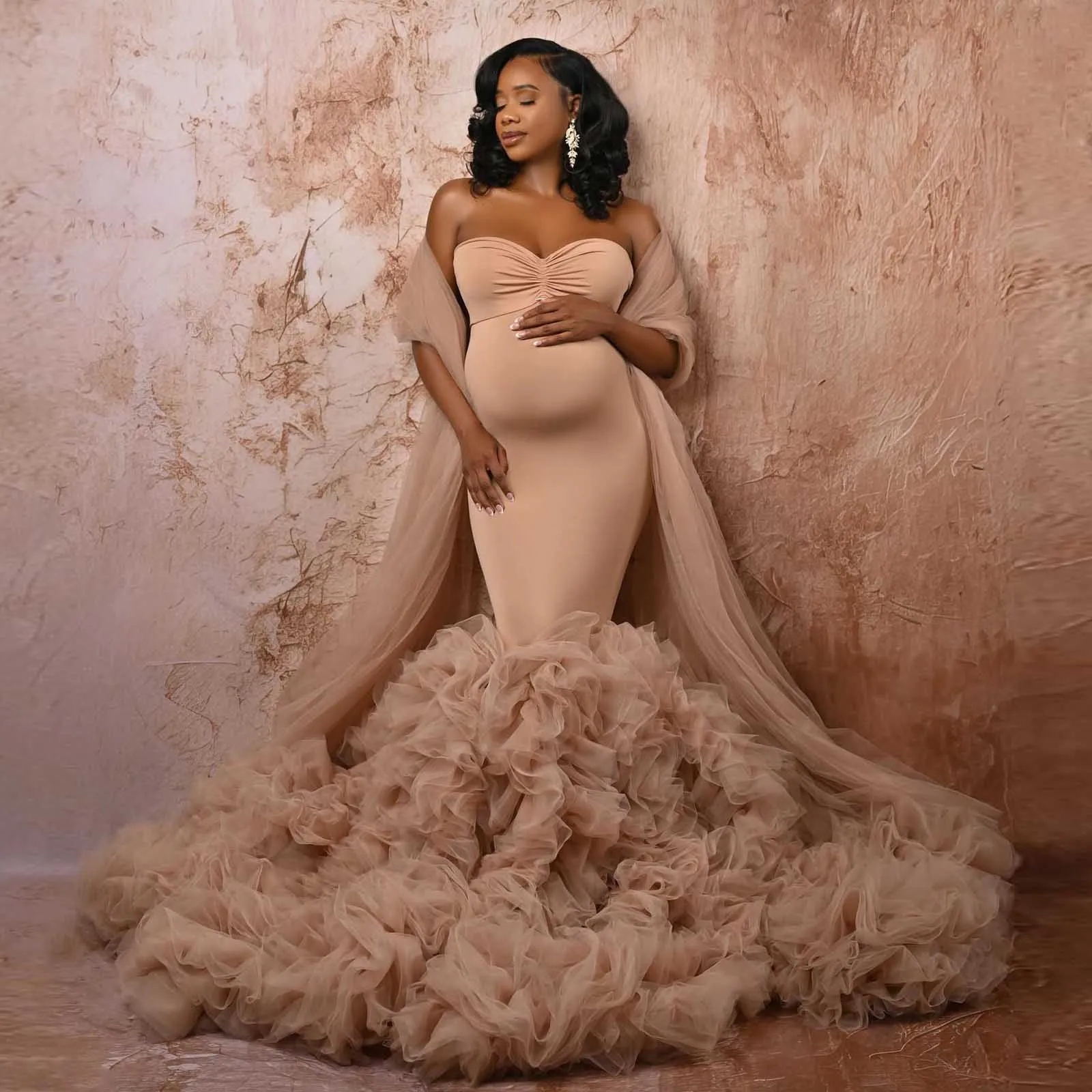 Vestido de maternidade sereia cáqui exclusivo com xales, vestidos de maternidade de tule com camadas inchadas, sessão de fotos, плаajtе для бем onder elemх personalizado