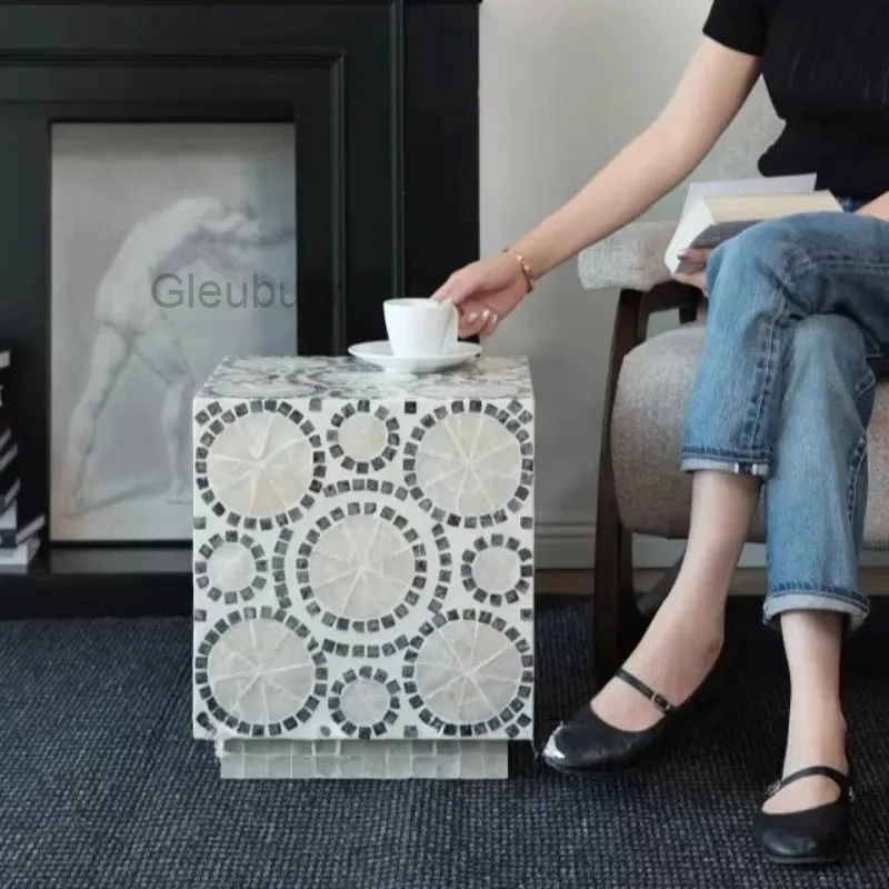 Boho Capiz Shell Mosaic Cube Side Table, Handcrafted Circular Pattern Accent Table for Living Room & Bedroom