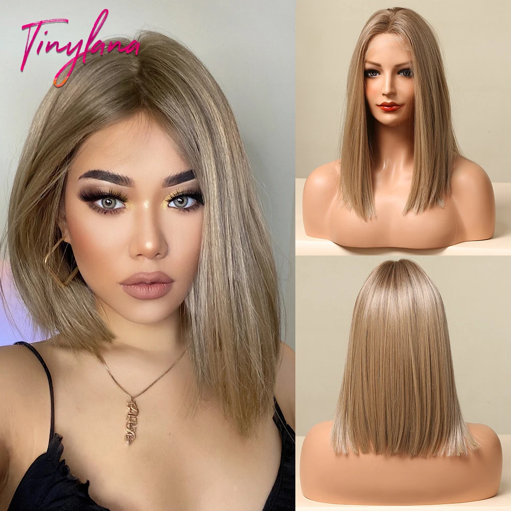 Brown Blonde Lace Front Wigs Short Straight Bob Synthetic Lace Frontal Wig with Baby Hair for Women Blunt Cut Natural Daily Hair