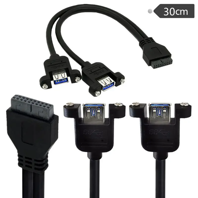 1/2 Black USB 3.0 Motherboard 20Pin To Dual Port Female Head With Screw USB 3.0 Adapter Cable 20 Pin