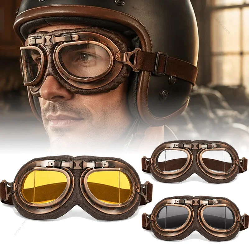 Steampunk Pilot Retro Motorcycle Goggles Vintage Copper Frame Windproof UV400 Anti-Dust for Harley ATV Bike Helmet Riding Gear