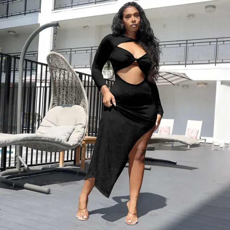 GUWU Sexy High Split Maxi Dress Women Evening Party Cut Out Long Sleeve Bodycon Dress Elegant Club Rave Festival Birthday Dress