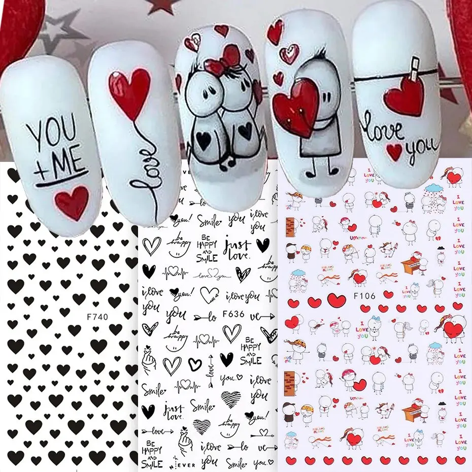 6PCS 3D Valentines Day Nail Art Sticker Lover Letter Cute Girl Cartoon Slider Full Wrap Stickers On Phone Nail Art Accessories