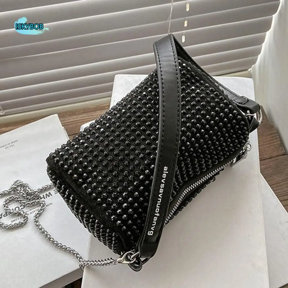 

Personality Large Capacity Rhinestone Handbag Zipper Shiny Crossbody Bag Blingbling Pillow Bag Chain Shoulder Bag Party