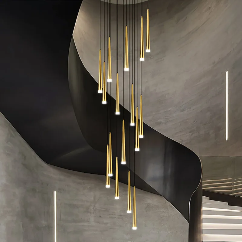 Stair Chandelier Modern Duplex Apartment Building Living Room Pendant Lamps Nordic Restaurant Loft Black Long Led Hanging Lights