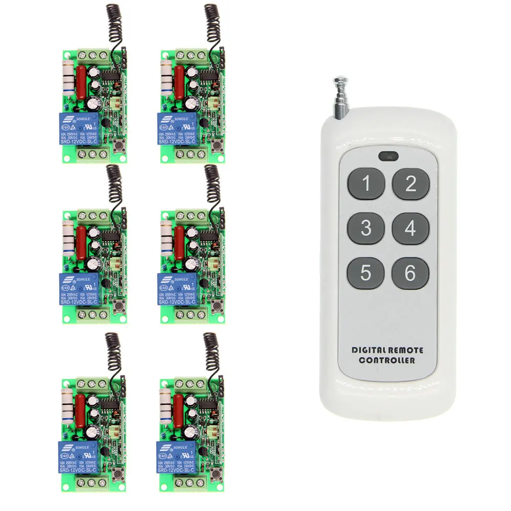 

Беспроводной радиочастотный пульт дистанционного управления 433 МГц, 1 канал, для включения/выключения света, вентиляторов, распылителей, оборудования на батарейках, 6 комплектов релейных приемников