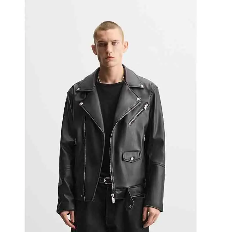 

New 2025 Autumn Men's Faion Leather Jaet Motorcycle Sle Zipper Fake Leather Coat Youth Casual ort Sve Long Coat