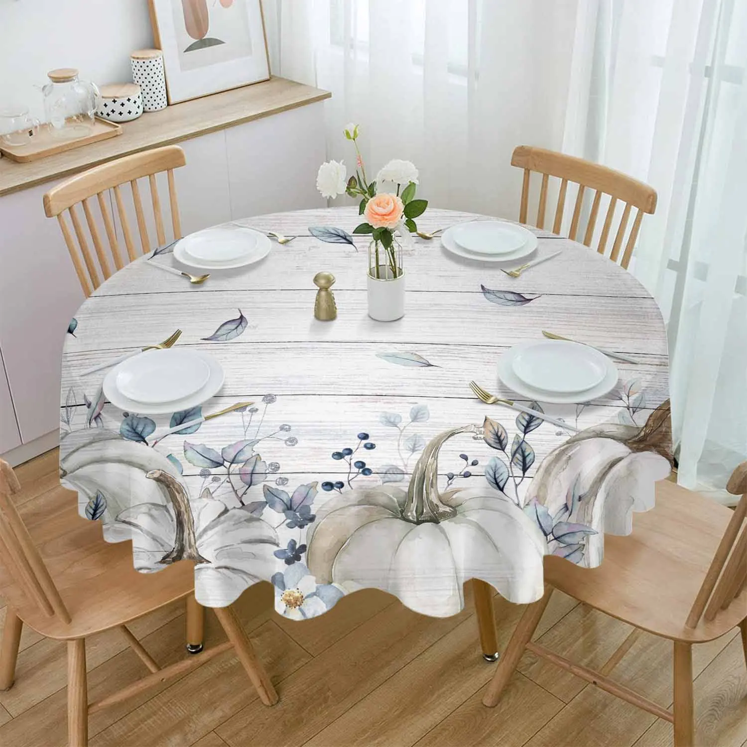 Thanksgiving Autumn Blue Leaves Waterproof Tablecloth Tea Table Decoration Round Table Cover For Kitchen Wedding Home