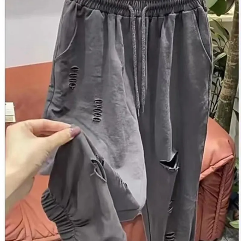 

Мужские спортивные брюки Extra Large 300 Pou с рваными элементами, свободные, тонкие, повседневные, широкие, укороченные (9/10), осенние, для отдыха