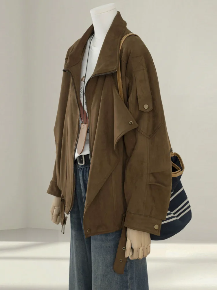 WHTREND براون بدوره إلى أسفل طوق سترة من جلد الغزال للنساء حجم كبير نمط جديد رائع فضفاض تنوعا سستة دراجة نارية معاطف السترة #4