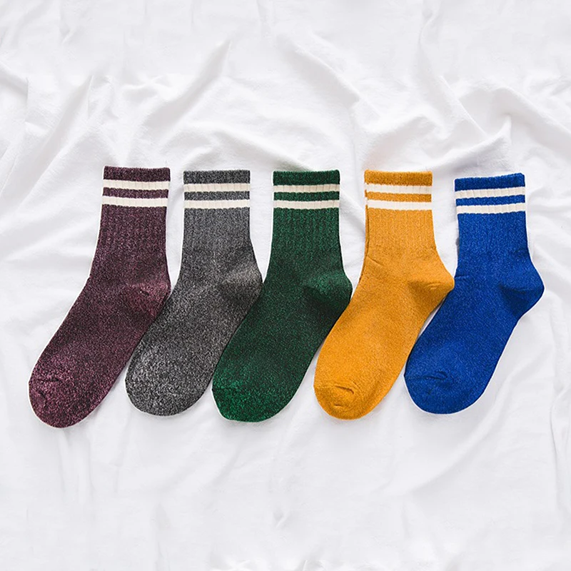 Fashion Striped Glitter Socks For Women Harajuku Shiny Socks Trendy Streetwear Filigree Cotton Loose Socks Cute Female Lingerie