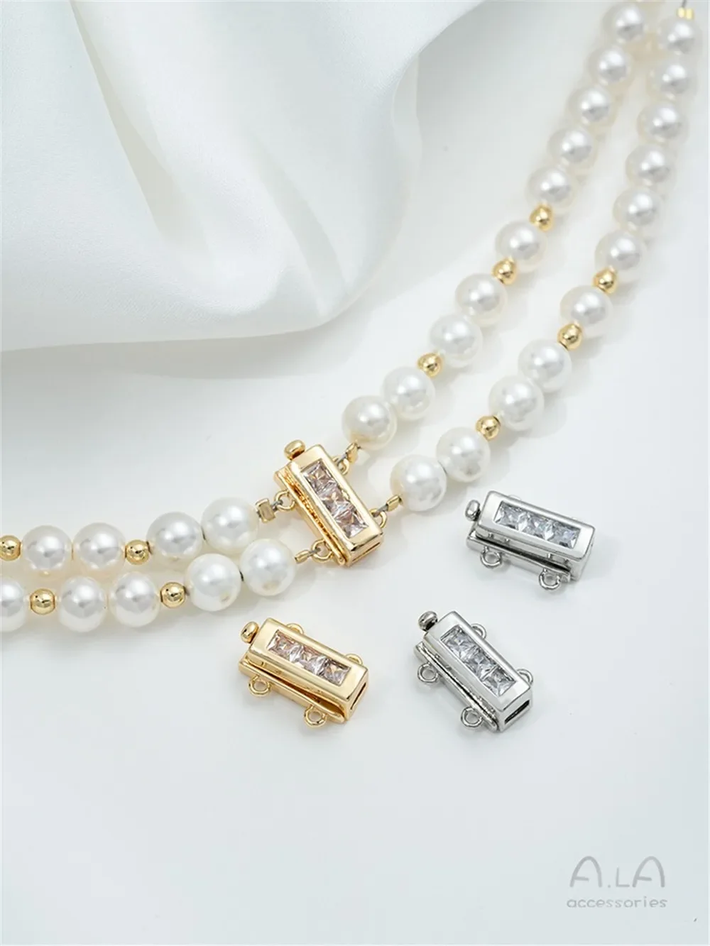 Hebilla de inserción de doble hilera Rectangular de circonio cuadrado de oro de 14K, pulsera de doble hebra DIY, collar, hebilla de conexión, hebilla de perla