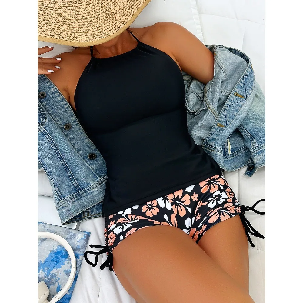 2024 High Waist Bikinis Women Neck Swimsuit Floral Swimwear Female & Drawstring Shorts Bathers Bathing Swimming Suit Beachwear