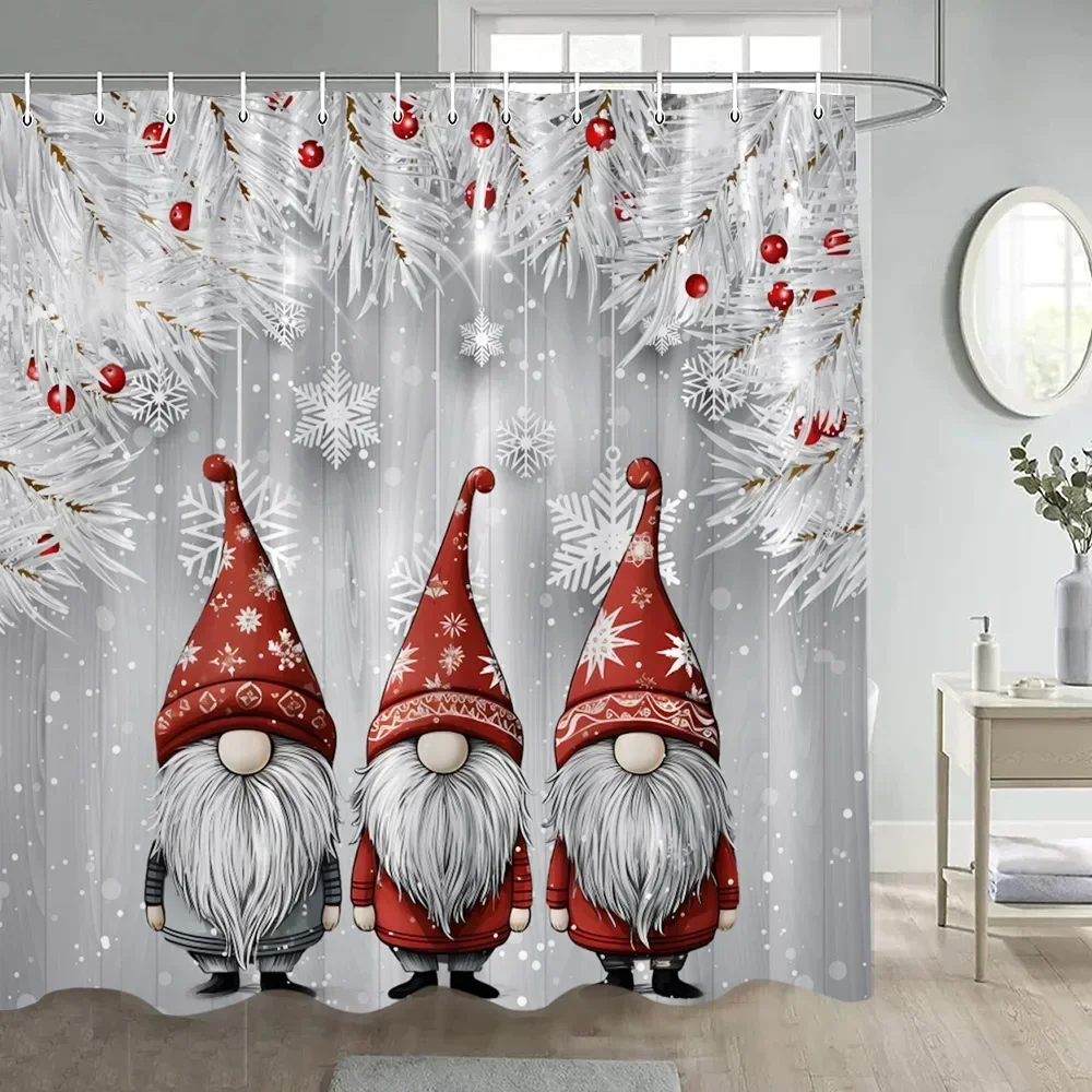 Christmas Shower Curtain Funny Cartoon Santa Claus Silver Fir Branches Snowflakes Grey New Year Home Decor Bathroom Curtains Set