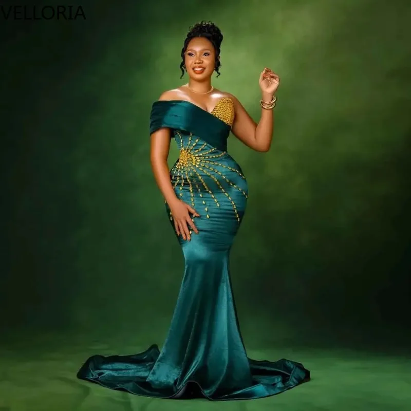 African Emerald Green Off Shoulder Mermaid Evening Dress Gold Beaded Bodycon Party Gown Formal Gown Plus Size Wedding Customized image 2