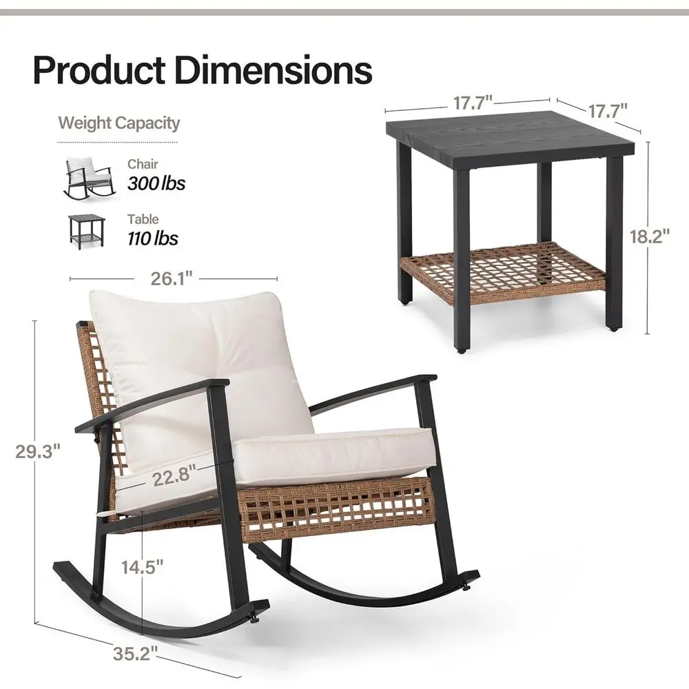Conjunto de bistrô de balanço de 3 peças para pátio externo com almofadas e mesa de 2 camadas, área de conversa de vime para jardim e quintal em Bei