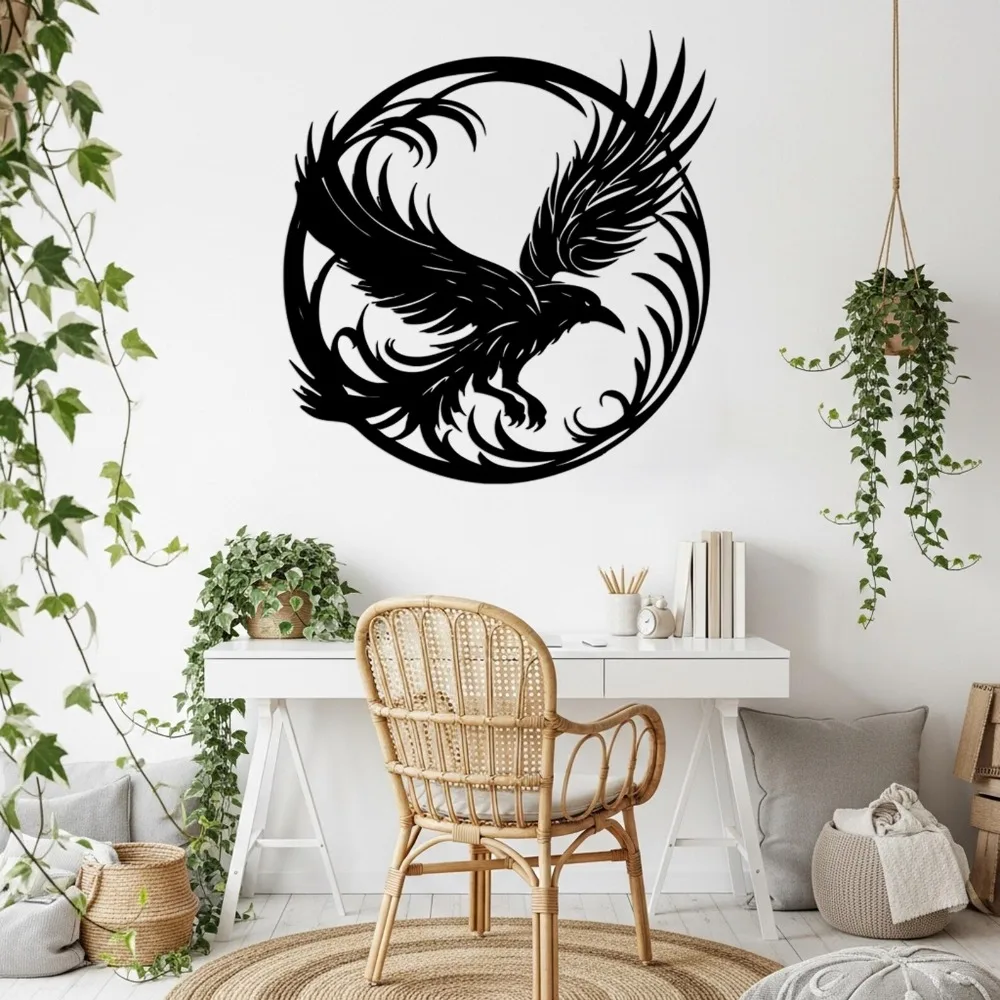 CIFBUY Nordic Raven Metal Wall Art,Gothic Crow Round Tin Sign,Oversized Mysterious Bird Decor,Above Couch Hanging Ornament