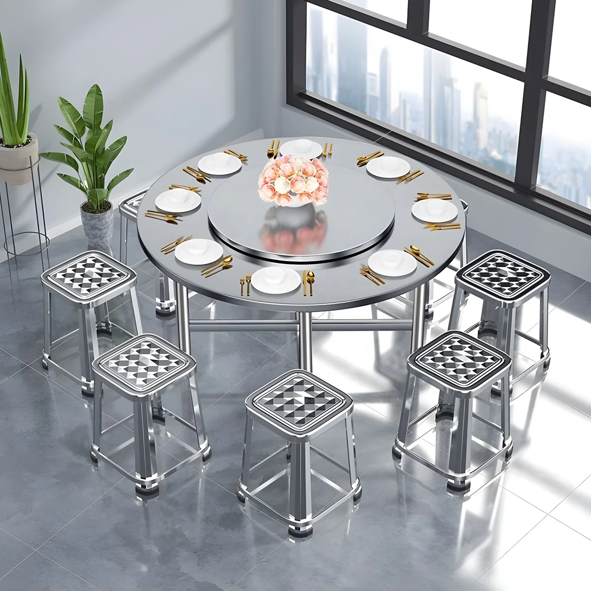 #Commercial Stainless Steel Round Dining Table Large Split Design with Detachable Lazy Susan for Banquet, Restaurant & Hotel