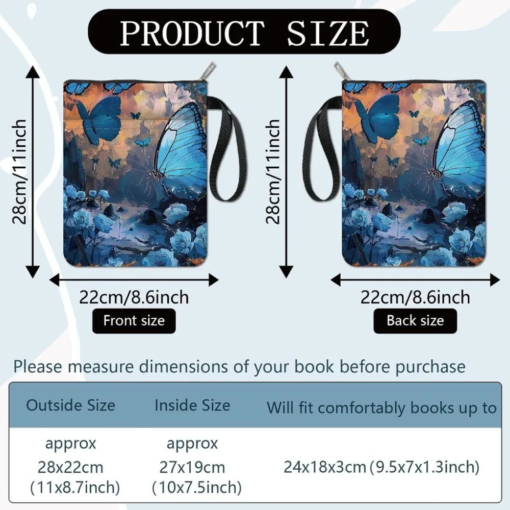 Butterfly Book Sleeve Flower Book Covers Blue Book Protector for Paperbacks Fabric Cloth Book Cover with Zipper and Sleeve