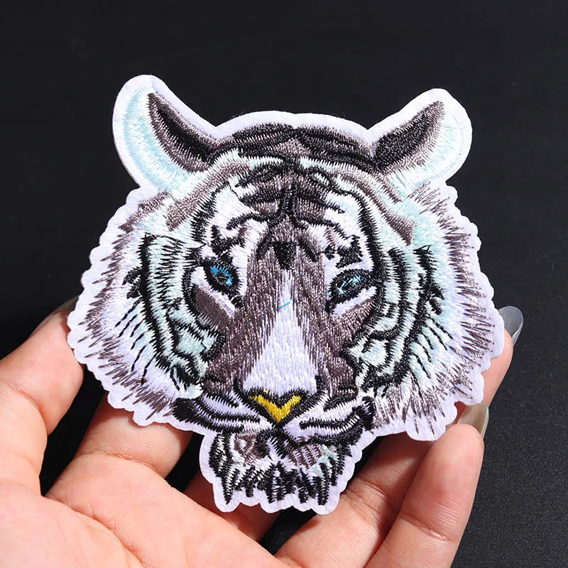 Embroidery Animal Patches for Clothes White Tiger, Size 9.5*9cm Bag Jacket Jeans Cartoon Iron On Patches, Small Glue Sticker