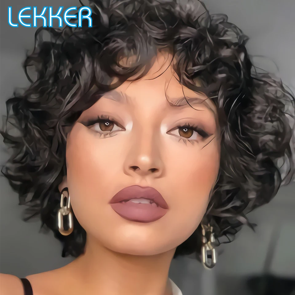 Lekker Court Pixie Cut Kinky Curly Bob avec une frange Perruques de Cheveux Humains Pour Les Femmes Noires Brésiliens Remy Cheveux Naturel Foncé Non