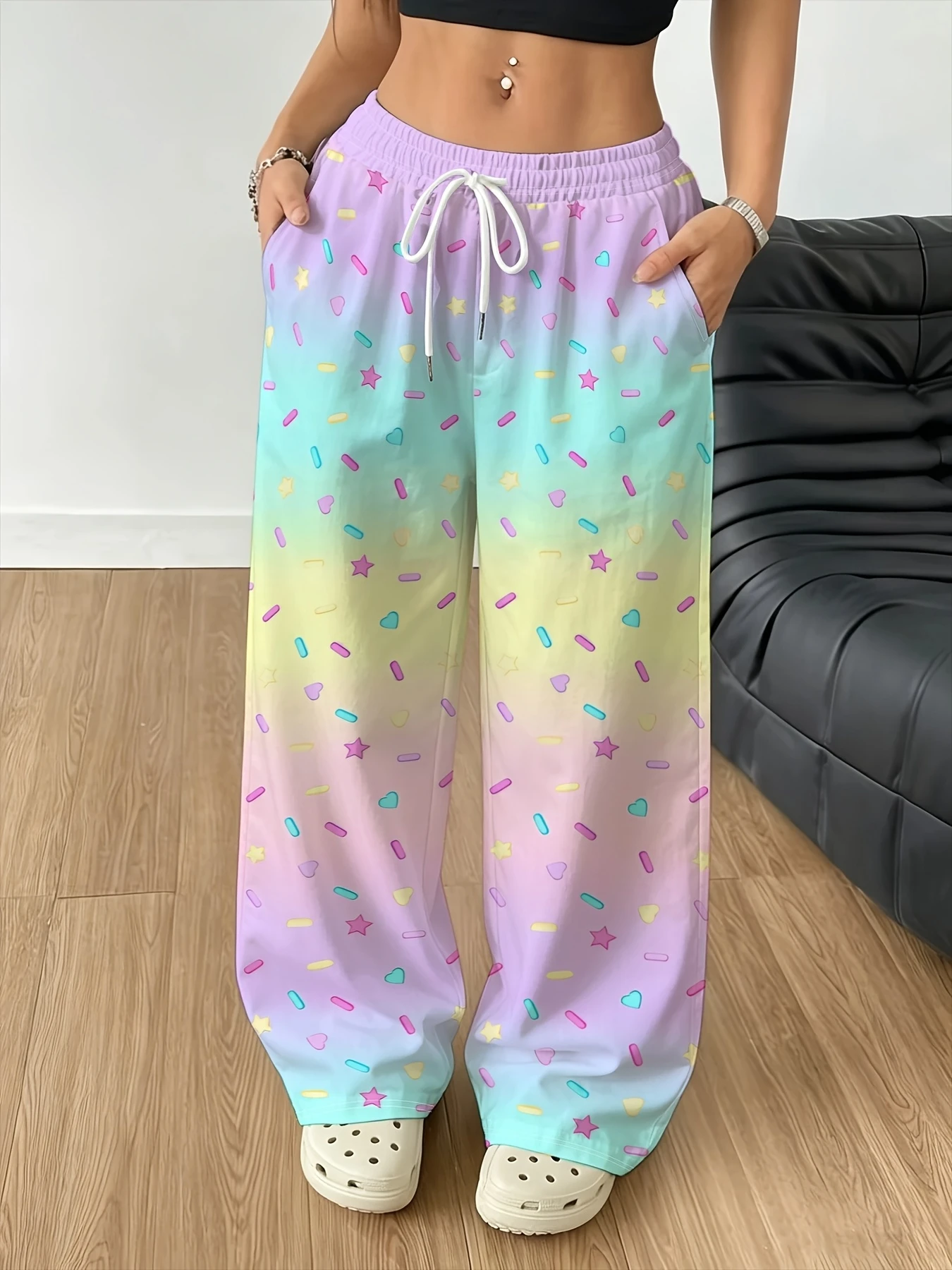 Sommerliche, bedruckte, lässige Weitbein-Hose mit elastischem Kordelzug, hochtaillierte Hose, leichte und lockere, vielseitige Hose – Detail 4